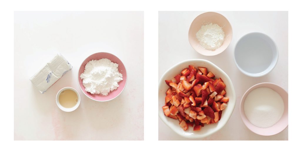 Strawberry pie ingredients collage on white background