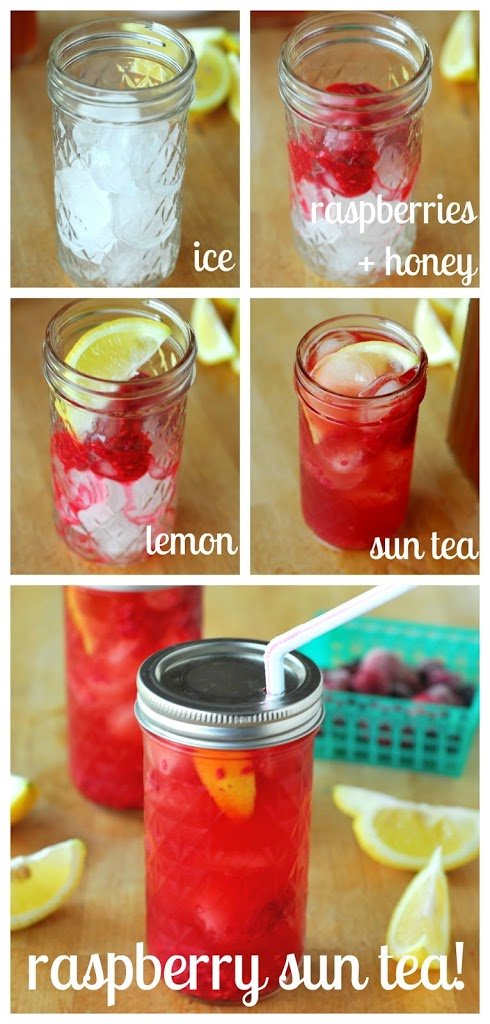 Raspberry Sun Tea and To-Go Mason Jars from A Duck's Oven. Delicious sun tea mixed with a raspberry puree, lemon, and honey makes a very refreshing beverage!