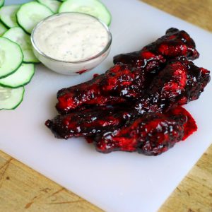 Blackberry Chipotle Hot Wings from A Duck's Oven. A twist on the traditional hot wing by using a homemade blackberry chipotle sauce!