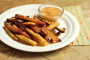 Sweet Potato Fries and Chipotle Mayo Sauce from A Duck's Oven. Very simple sweet potato fries with a spicy chipotle mayo sauce!