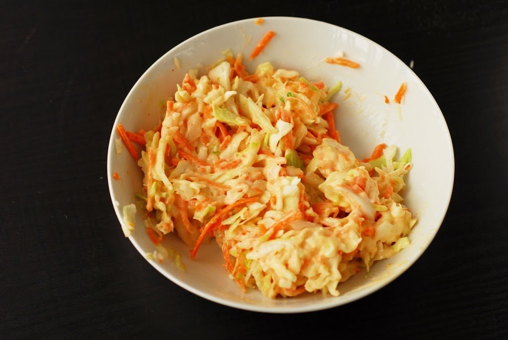 Coleslaw in white bowl