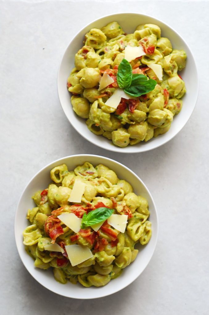 Pasta with Creamy Avocado Sauce and Bacon from A Duck's Oven. The sauce is creamy and rich, but made from just avocado, basil, and lemon juice!