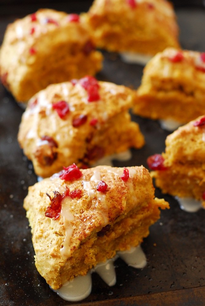 Pumpkin Cranberry Scones from A Duck's Oven. Scones packed with plenty of pumpkin, fall spices, and tart cranberries!
