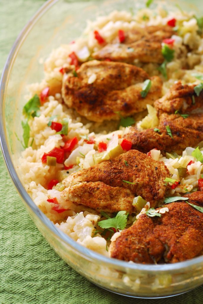 One Dish Indian-Spiced Chicken and Coconut Risotto from A Duck's Oven. Indian-spiced chicken breasts over super flavorful coconut risotto, all in one baking dish!