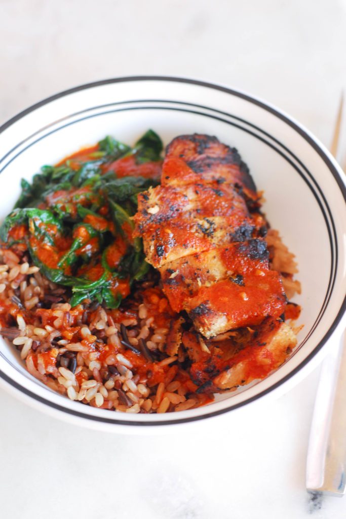 Chicken and Wild Rice Bowls with Paprika Sriracha Sauce from A Duck's Oven.