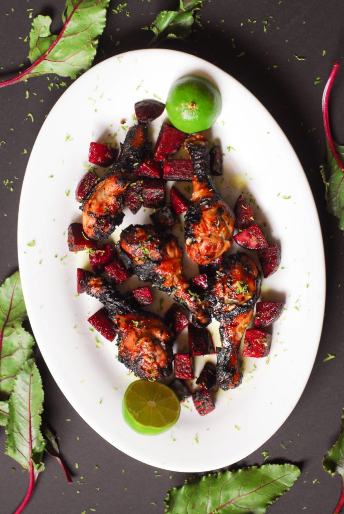 Thai Grilled Chicken and Beets with Coconut Lime Sauce from A Duck's Oven. Savory charred chicken and beets covered in a zesty, silky lime sauce.