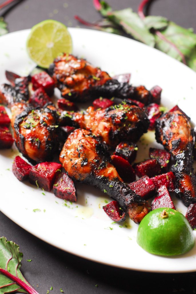 Thai Grilled Chicken and Beets with Coconut Lime Sauce from A Duck's Oven. Savory charred chicken and beets covered in a zesty, silky lime sauce.