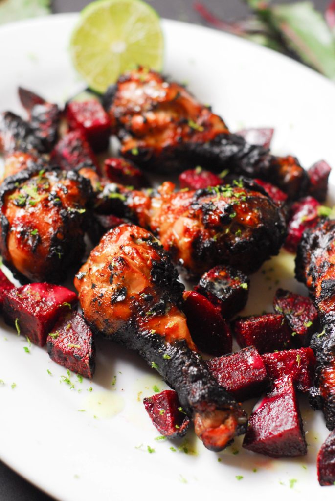 Thai Grilled Chicken and Beets with Coconut Lime Sauce from A Duck's Oven. Savory charred chicken and beets covered in a zesty, silky lime sauce.