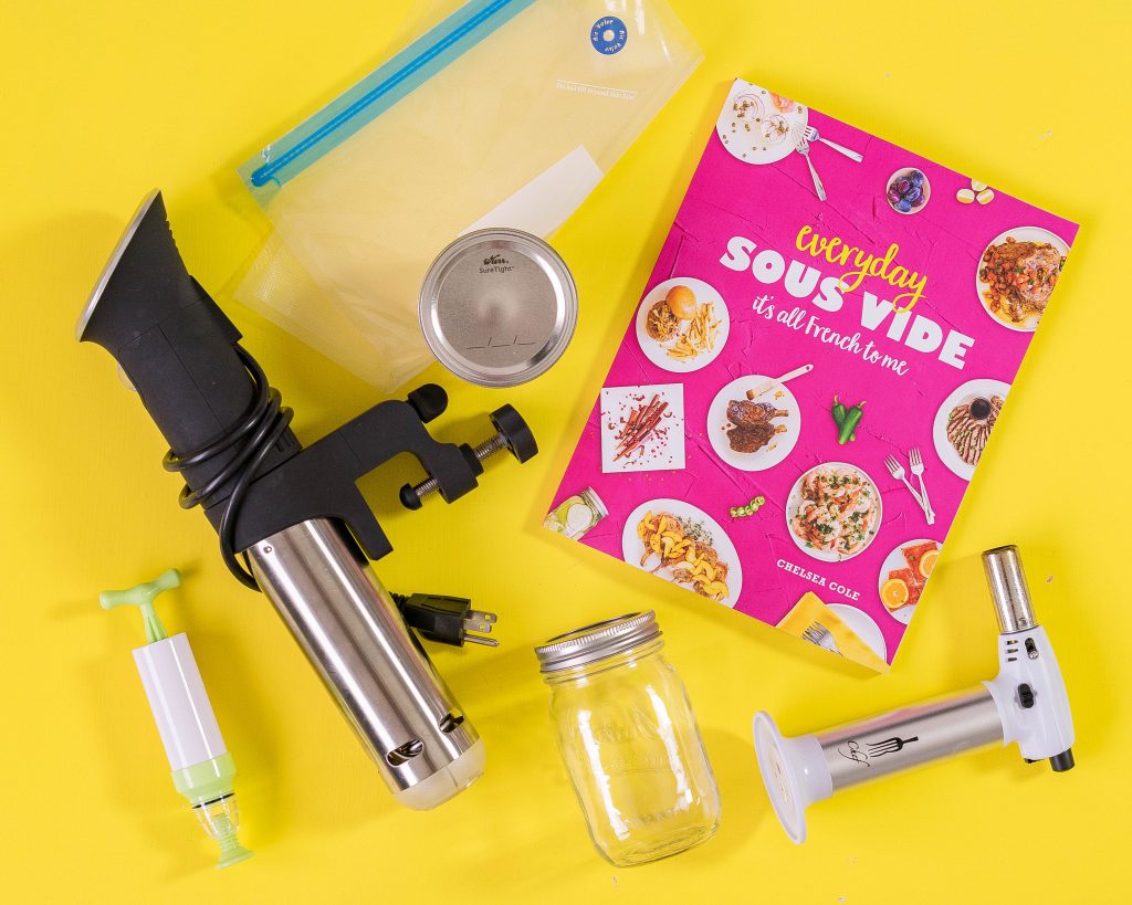 Various sous vide equipment on yellow background