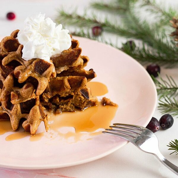 Stack of gingerbread waffles on pink plate with whipped cream and syrup