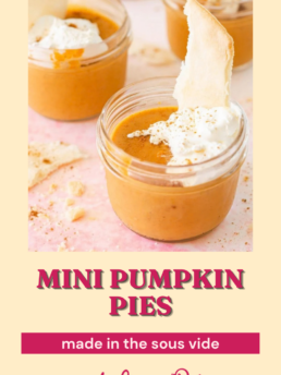 Small jars of sous vide pumpkin pie topped with whipped cream and a pastry crust, featuring a logo of a duck’s oven.