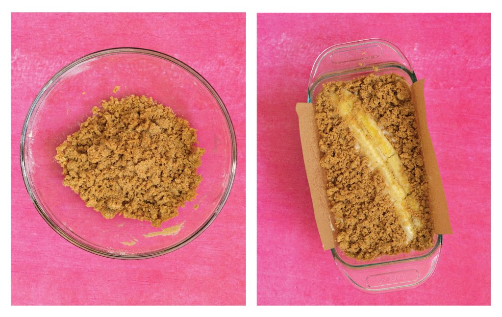 Peanut butter streusel topping on pink surface