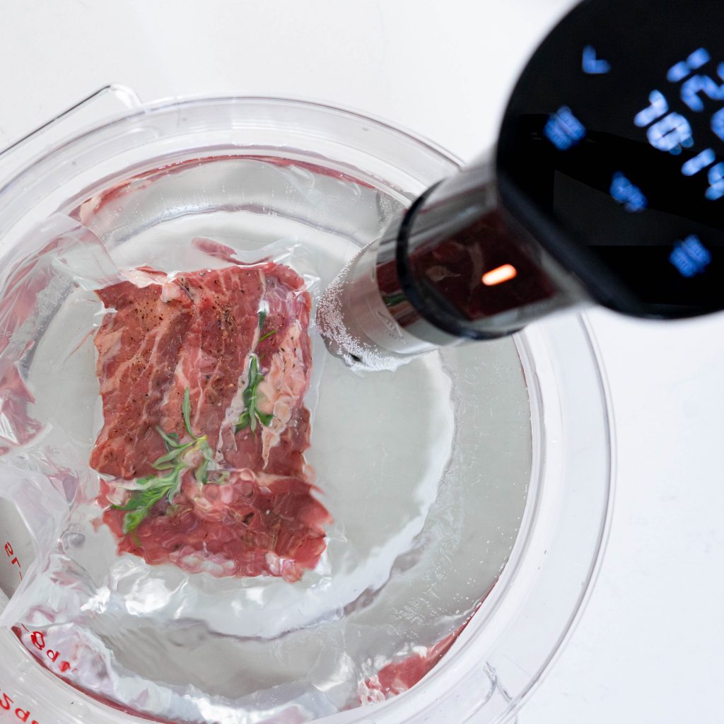 Frozen steak in sous vide water bath