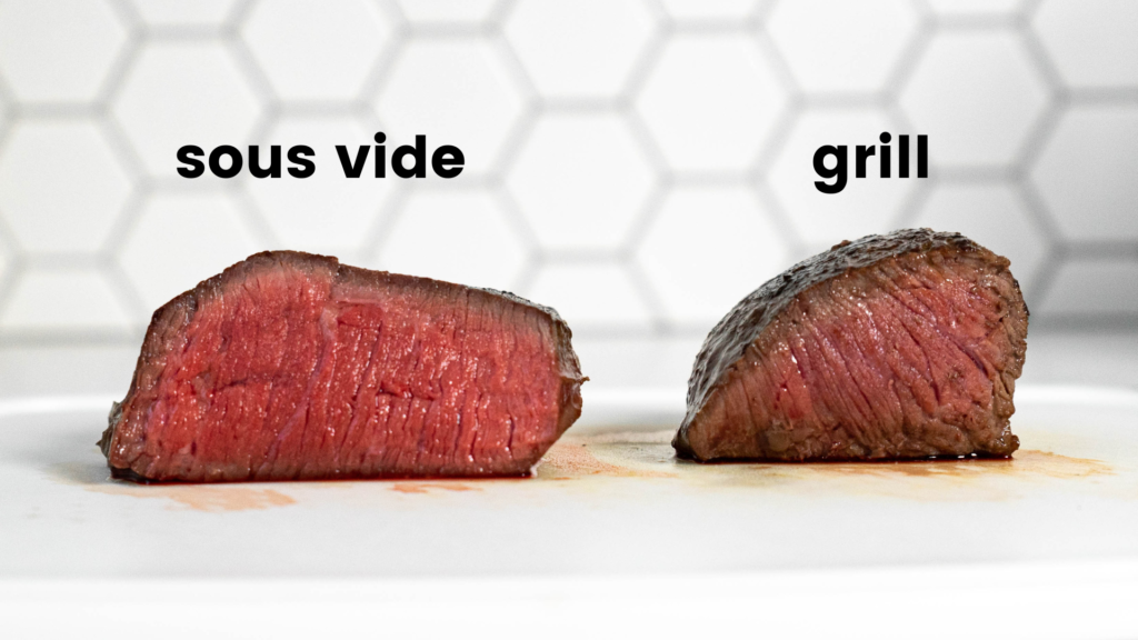 Sliced steaks showing the difference between a steak cooked sous vide and a grilled steak.