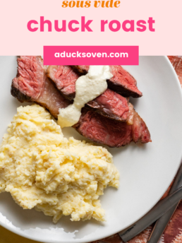 Sliced sous vide chuck roast drizzled with horseradish sauce with a side of mashed potatoes on a white plate.