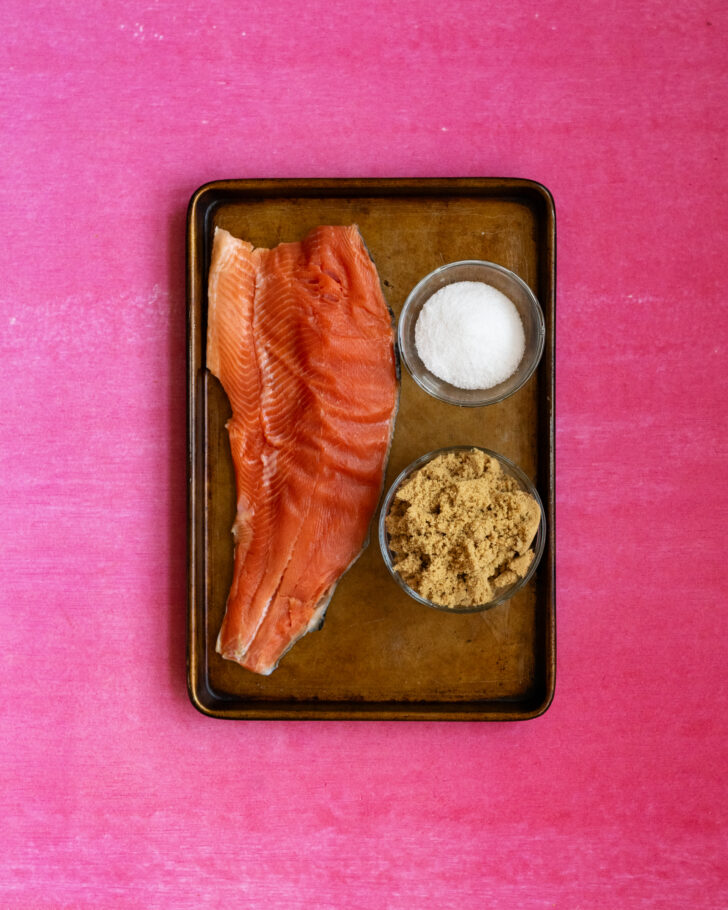 Smoked trout ingredients on baking tray.